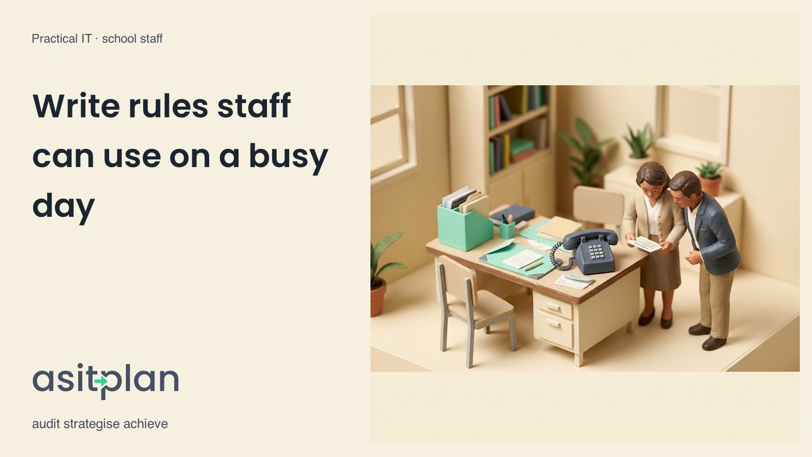 Two miniature school colleagues review a short policy card beside a telephone and plain paperwork. Heading: “Write rules staff can use on a busy day”. asitplan, audit strategise achieve.