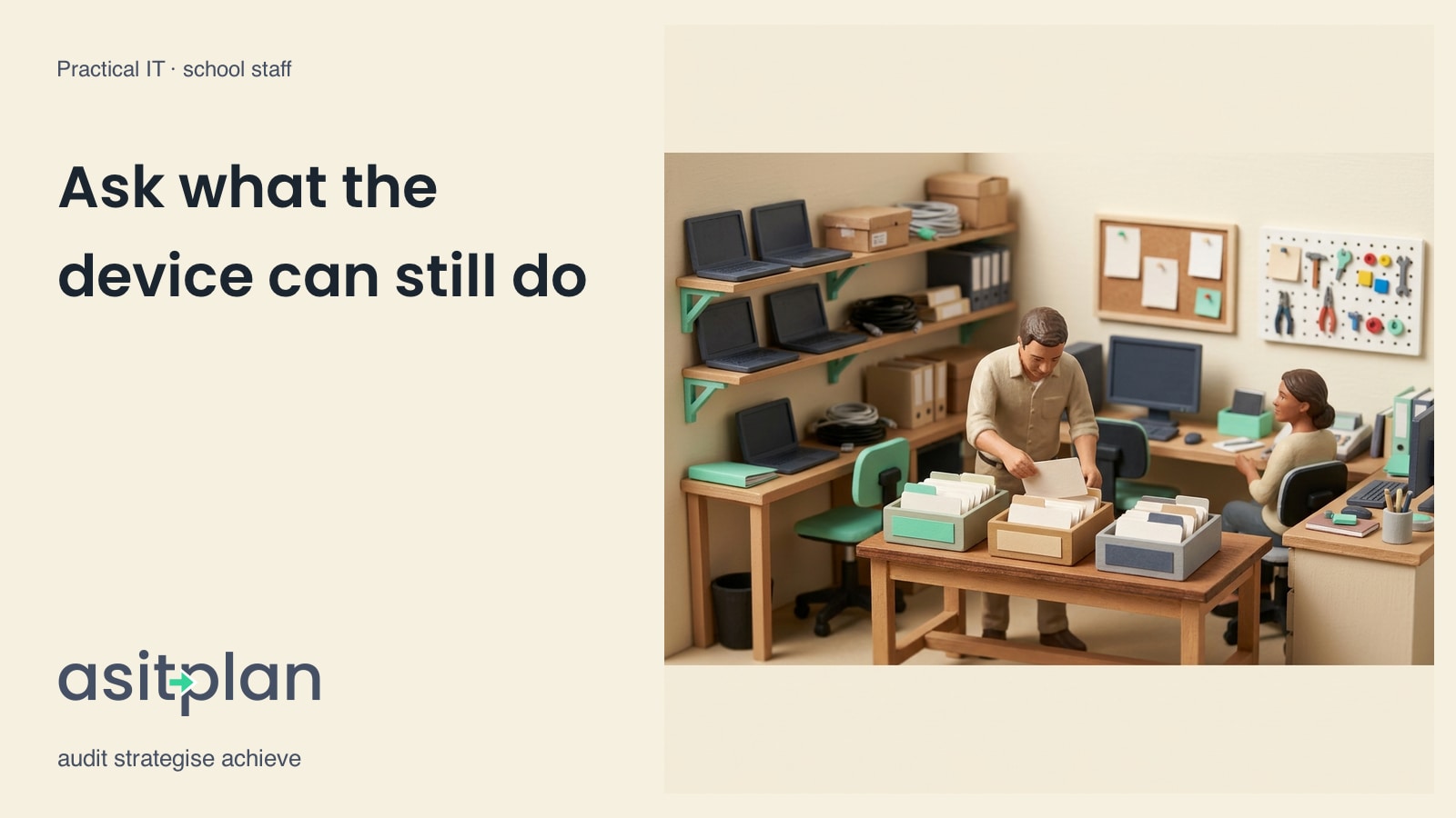 A miniature technician sorts blank device-record cards into three trays while a colleague looks on. Heading: “Ask what the device can still do”. asitplan, audit strategise achieve.