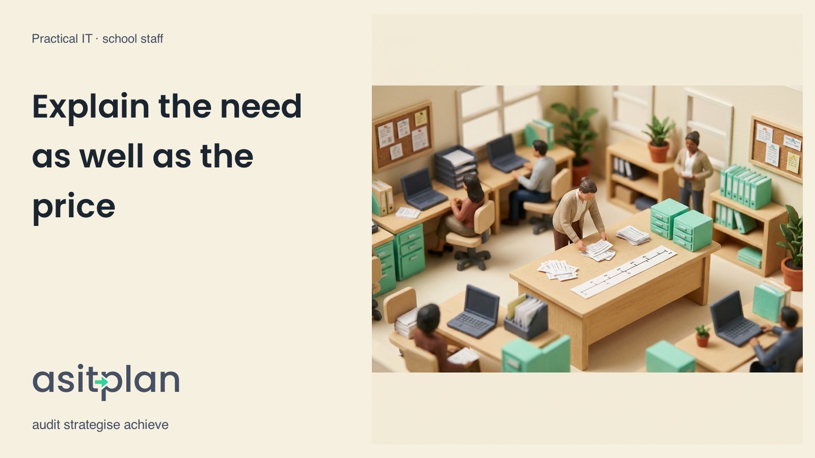 Miniature school office colleagues compare devices and paperwork across desks with folders and a calculator. Heading: “Explain the need as well as the price”. asitplan, audit strategise achieve.