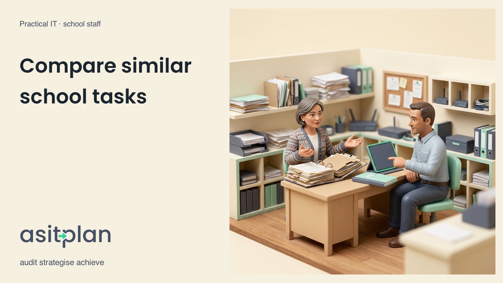 Two miniature school colleagues discuss papers, folders and a tablet at a desk. Heading: “Compare similar school tasks”. asitplan, audit strategise achieve.