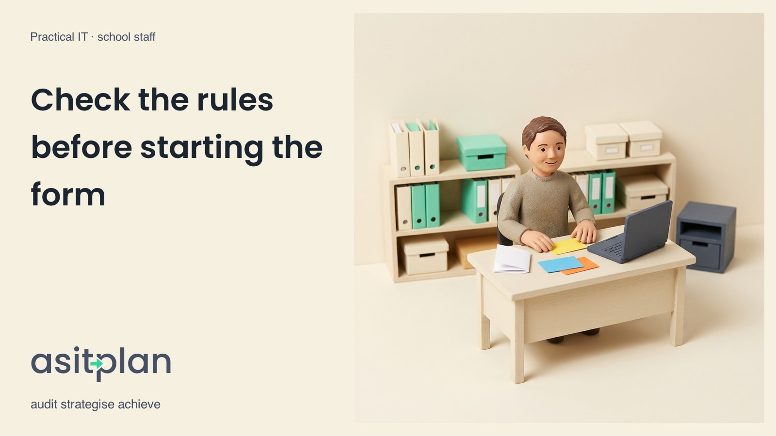 A miniature colleague considers separate coloured cards beside a laptop, with no passwords shown. Heading: “Check the rules before starting the form”. asitplan, audit strategise achieve.