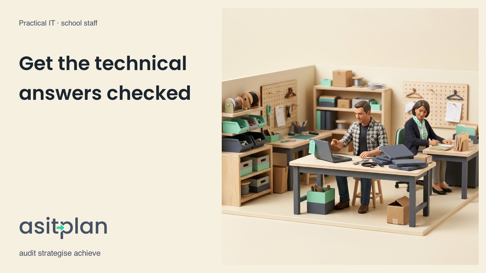 A miniature technician checks a tagged laptop beside a stack of untested laptops while a colleague works behind. Heading: “Get the technical answers checked”. asitplan, audit strategise achieve.