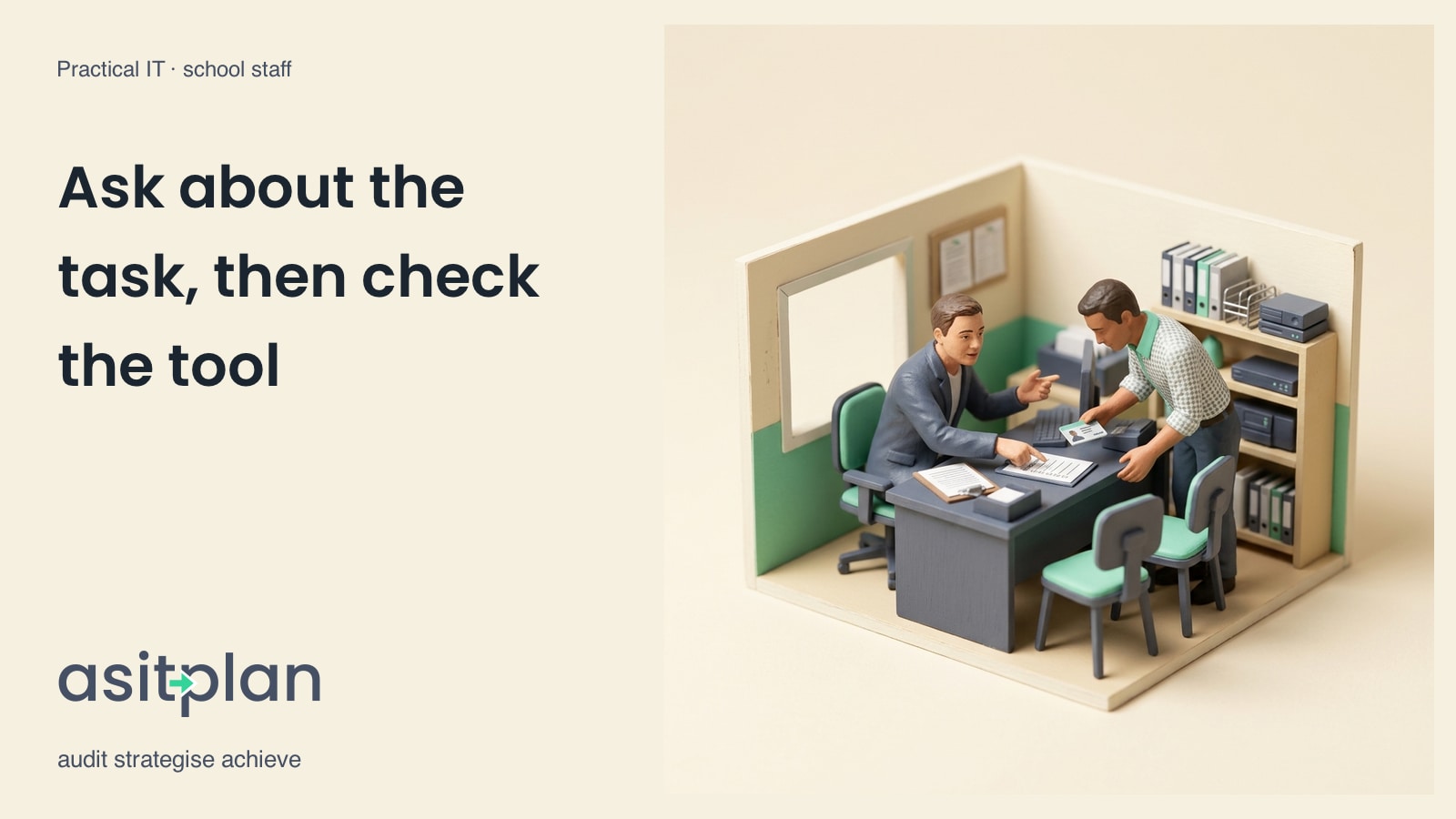 Two miniature colleagues review an application permission checklist beside a desktop computer. Heading: “Ask about the task, then check the tool”. asitplan, audit strategise achieve.