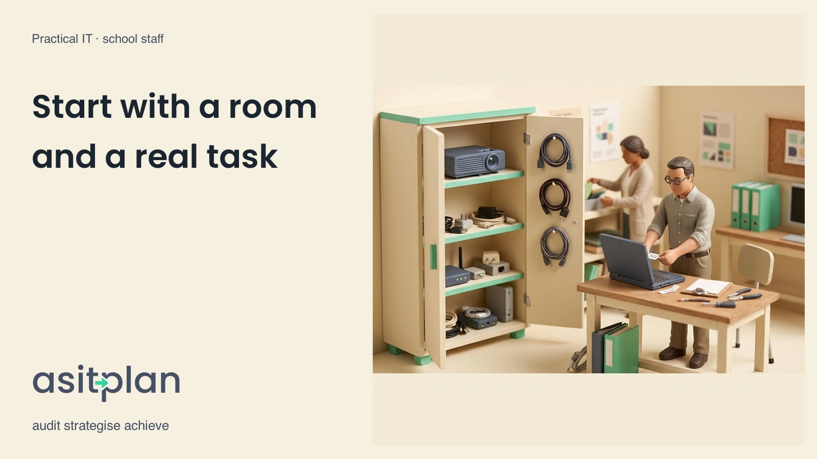 A miniature school IT technician checks an open laptop beside a cupboard of equipment and coiled cables. Another adult works in the background. Heading: “Start with a room and a real task”. asitplan, audit strategise achieve.