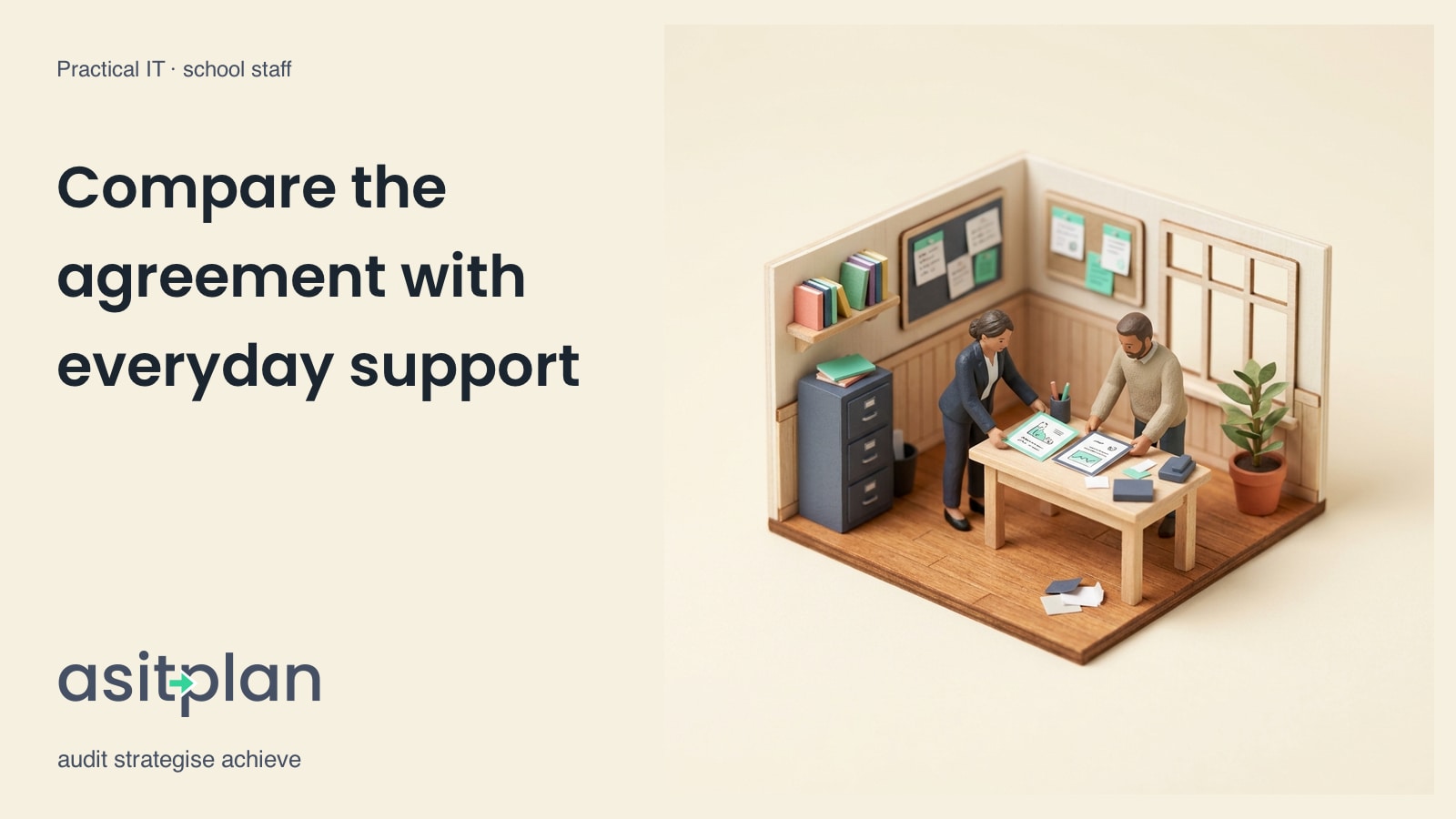 Two miniature adult colleagues compare illustrated service documents beside a closed laptop and small telephone on a meeting table. Heading: “Compare the agreement with everyday support”. asitplan, audit strategise achieve.