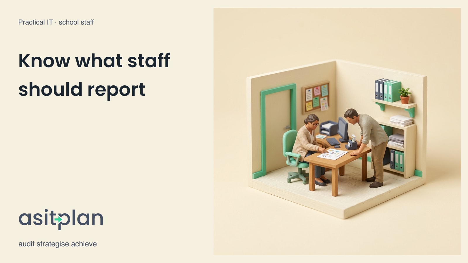 Two miniature school colleagues review an illustrated online-safety note beside a computer and printer. Heading: “Know what staff should report”. asitplan, audit strategise achieve.