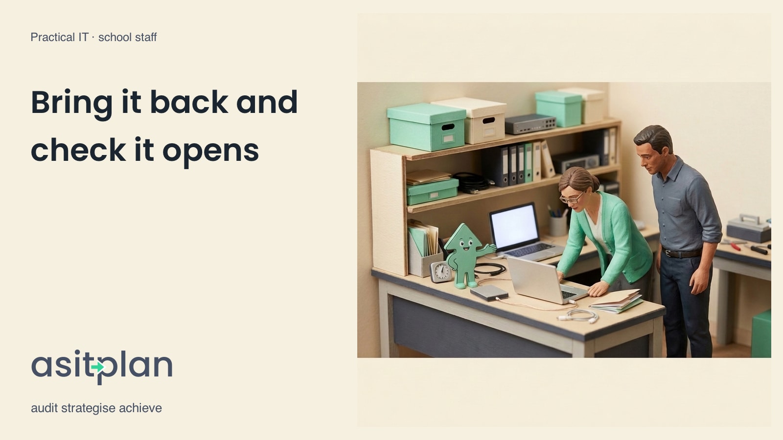 Miniature school scene. Two IT colleagues check a restored document on one laptop beside a second laptop, external drive and timer. A small painted mint asitplan arrow mascot stands on the workbench, with its original friendly face and limbs, holding one palm open. Heading: “Bring it back and check it opens”. asitplan, audit strategise achieve.