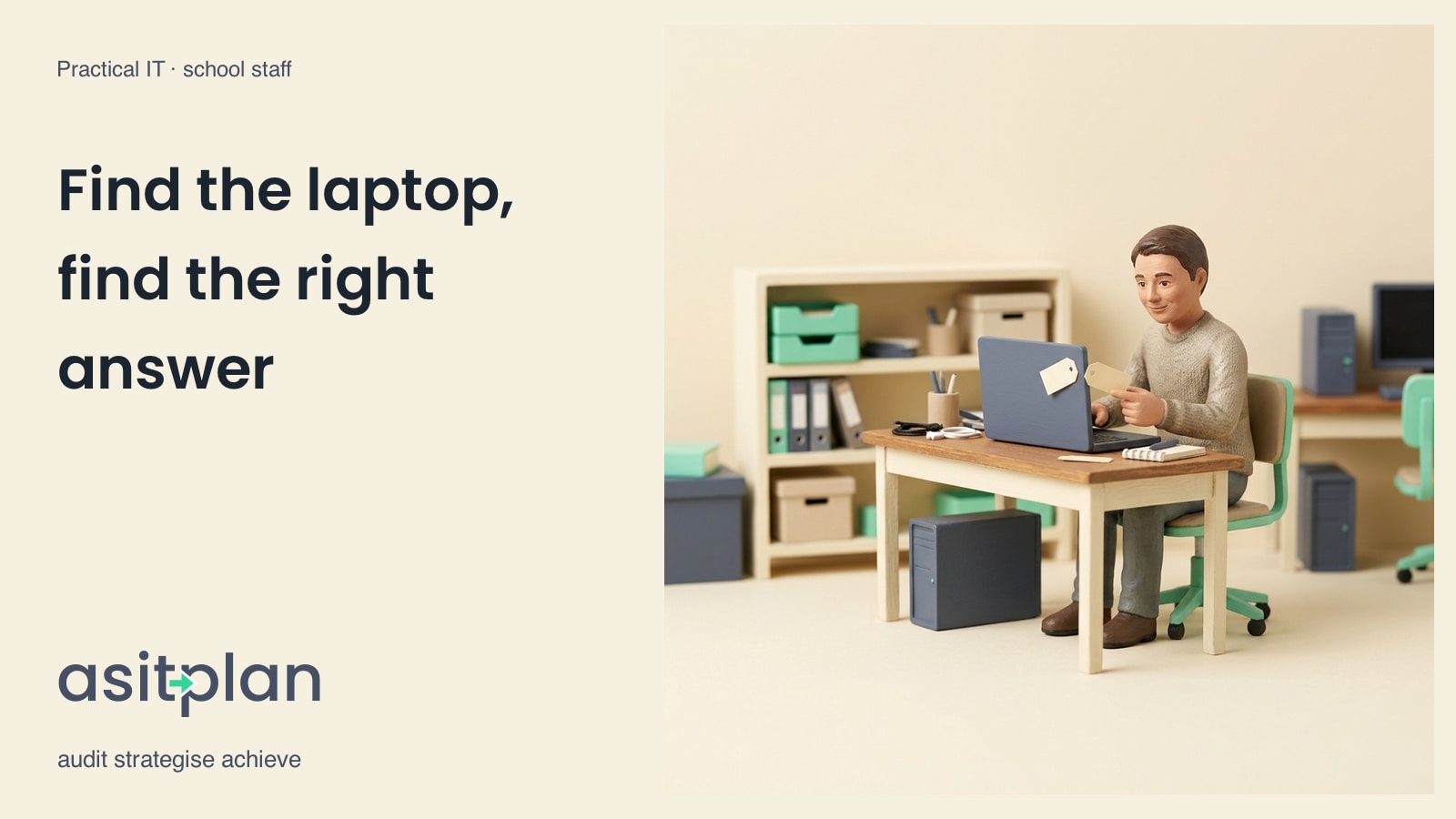 A miniature IT colleague compares two plain tags for one laptop at a desk. Heading: “Find the laptop, find the right answer”. asitplan, audit strategise achieve.