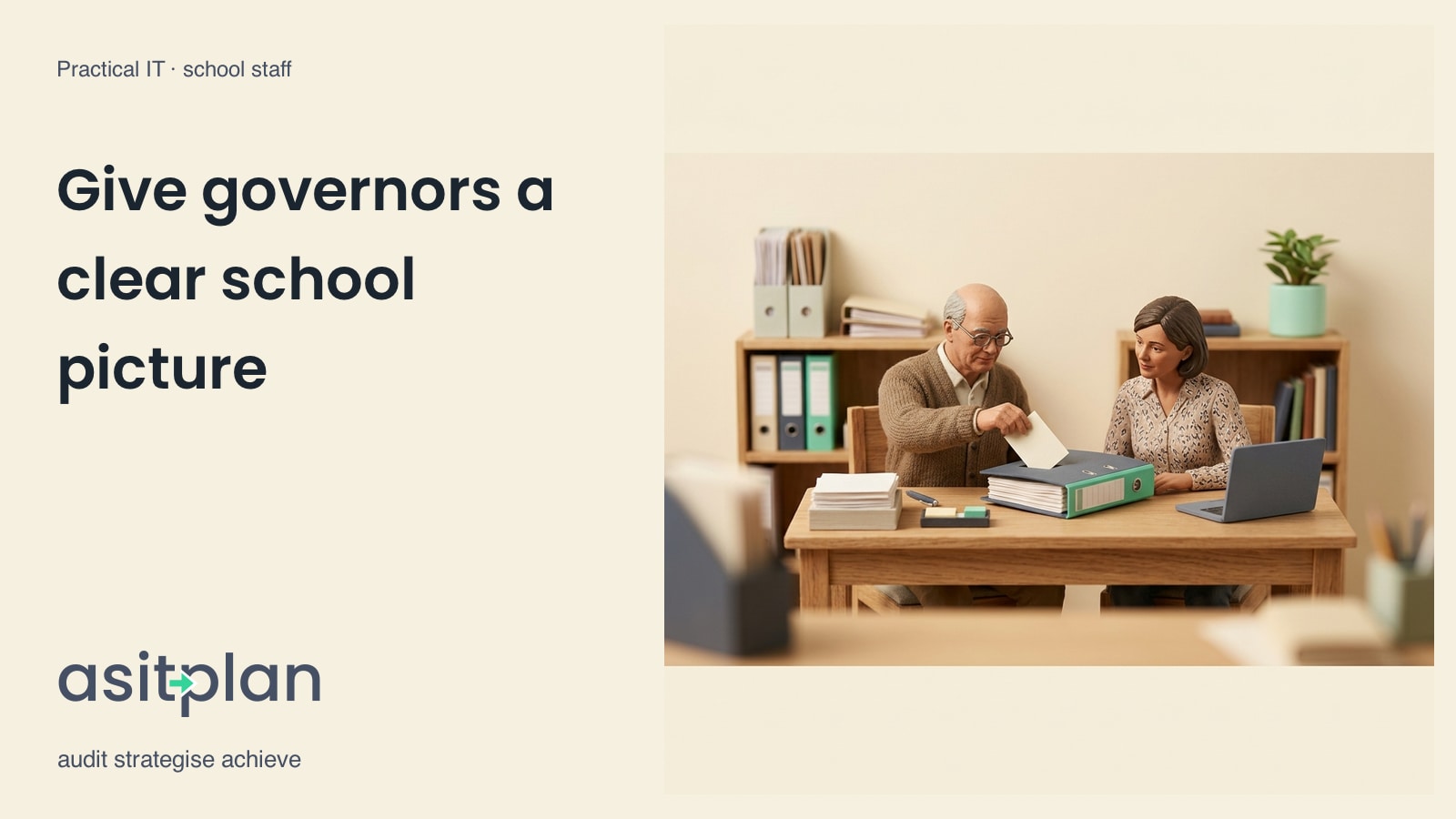 Two miniature adult colleagues review a plain card and a thick mint binder beside an office laptop. Heading: “Give governors a clear school picture”. asitplan, audit strategise achieve.
